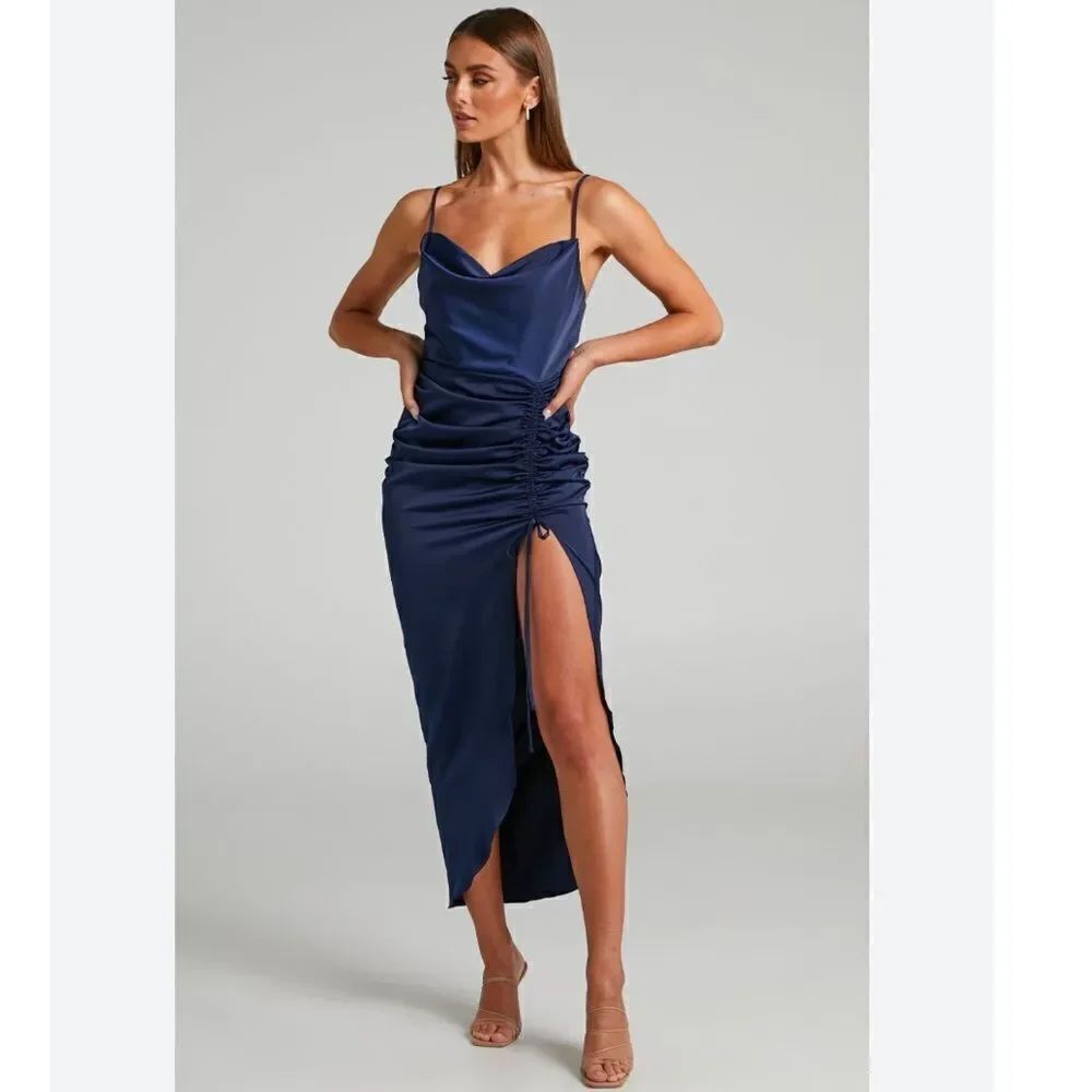 Showpo Lieselotte Midi Dress Ruched Front Split Cowl Neck Satin NEW Navy Blue 14